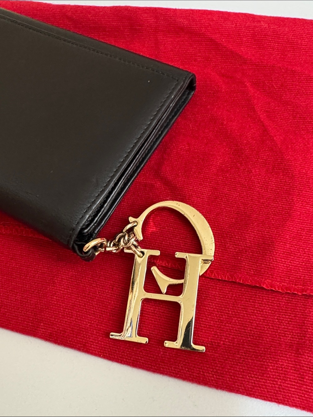 Carolina Herrera Black Leather Envelope Clutch with Gold CH Accent - Picture 11 of 16